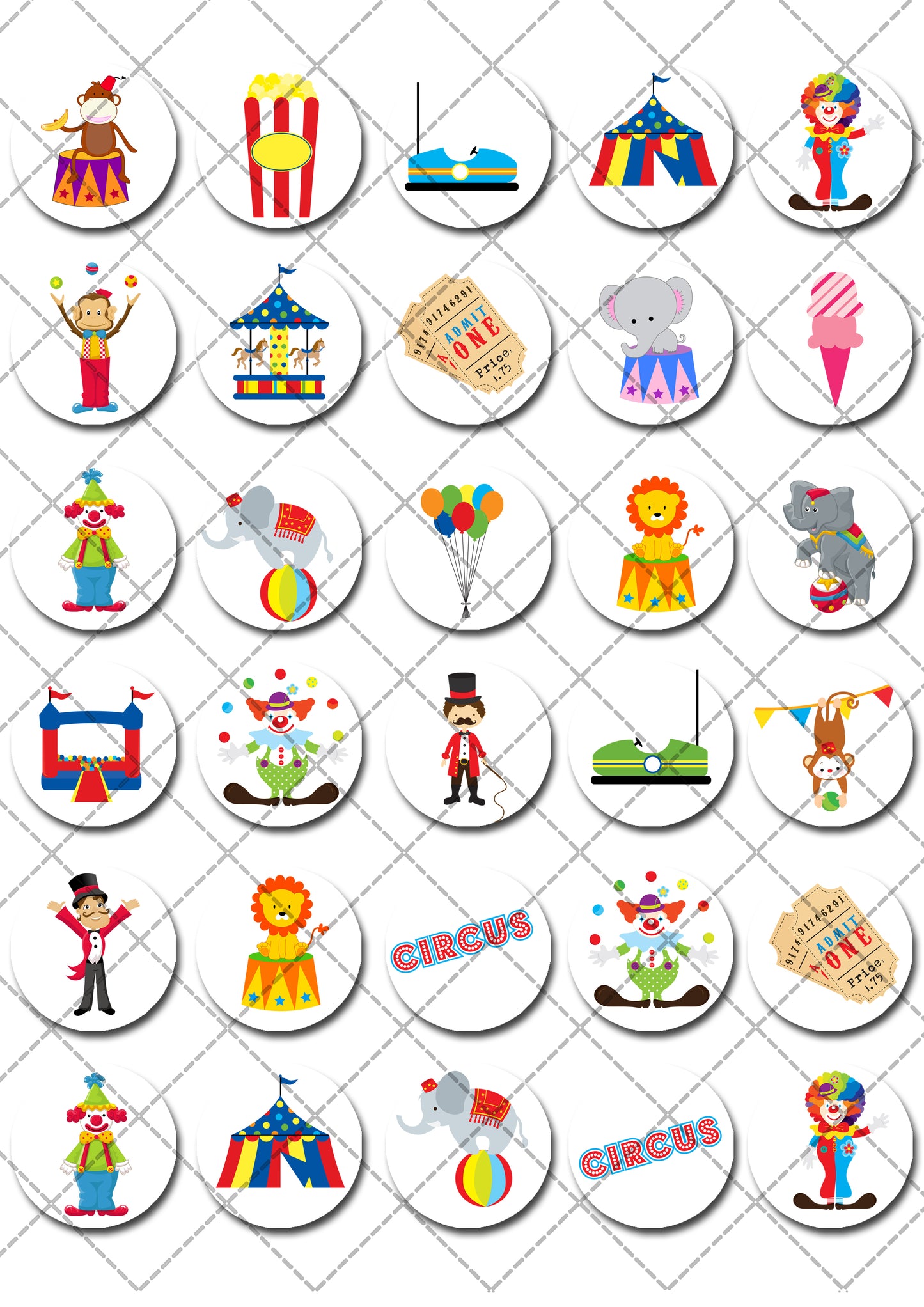 Circus Carnival Pre-cut Mini Edible Cupcake or Cookie Toppers
