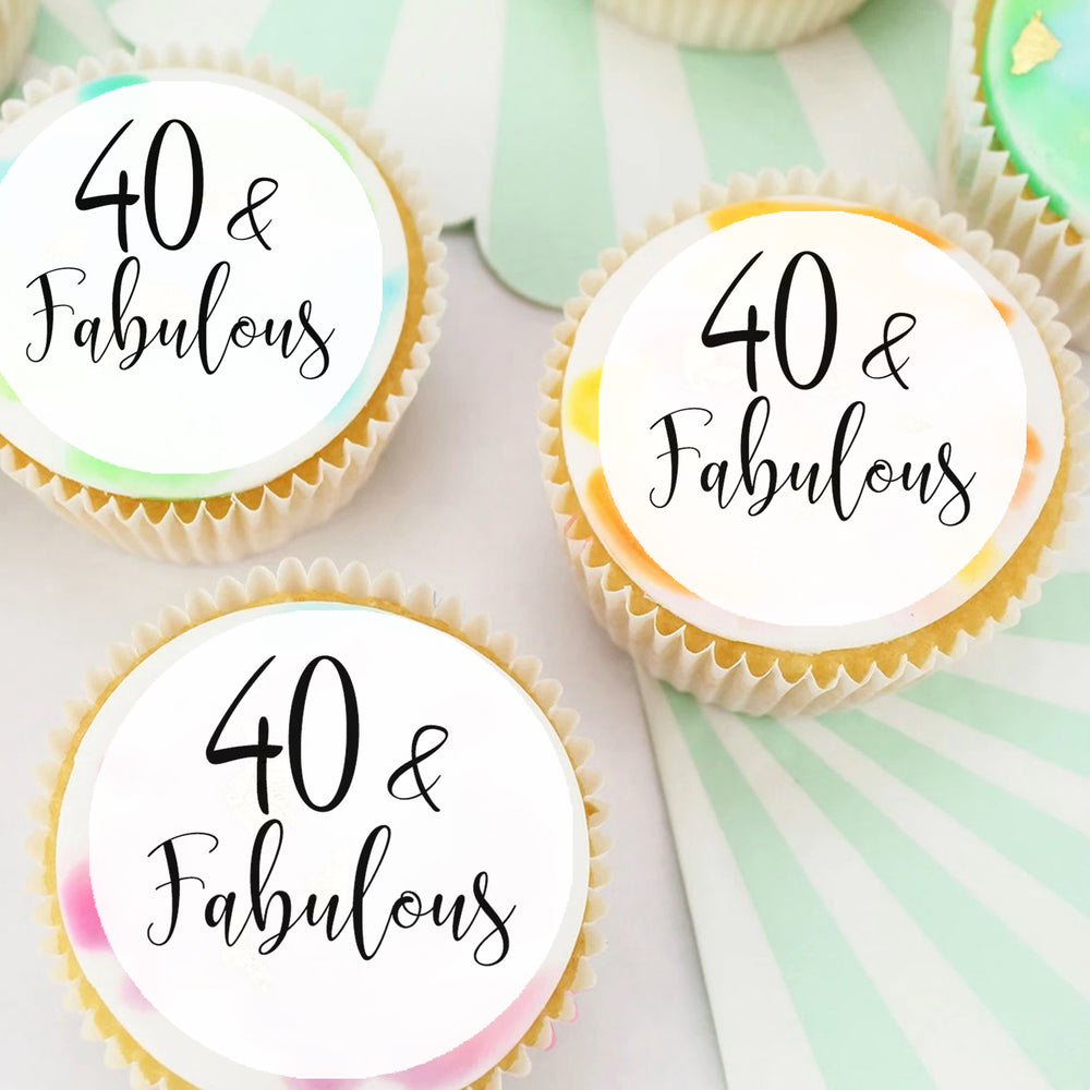 Birthday 40th Forty & Fabulous Pre-cut Edible Cupcake or Cookie Toppers