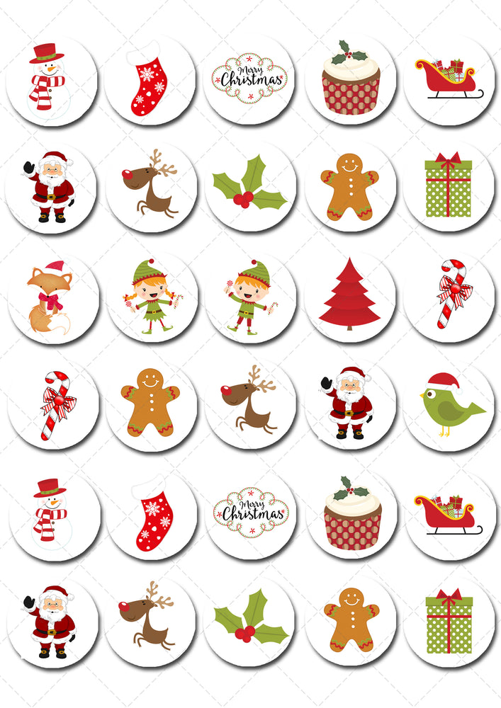 Christmas Xmas Pre-cut Mini Edible Cupcake or Cookie Toppers