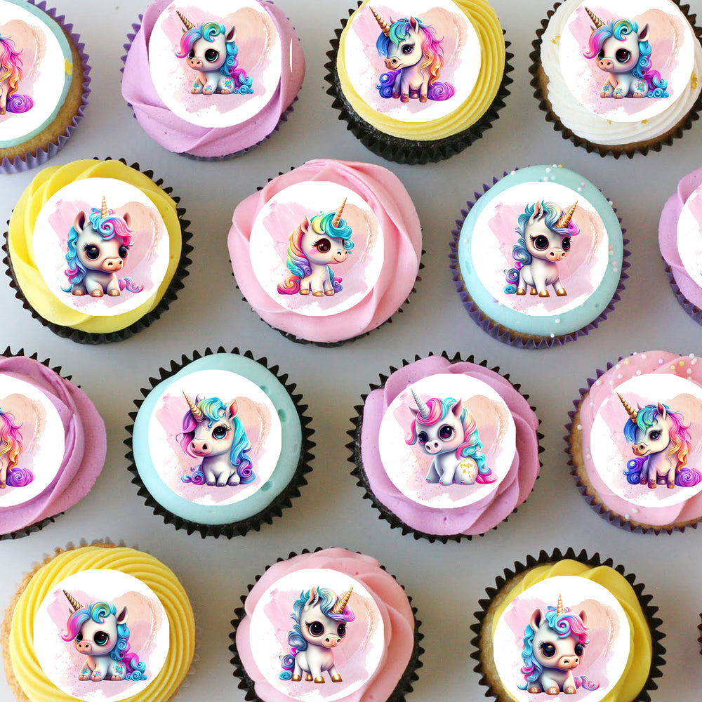 Rainbow Unicorns Pre-cut Mini Edible Cupcake or Cookie Toppers