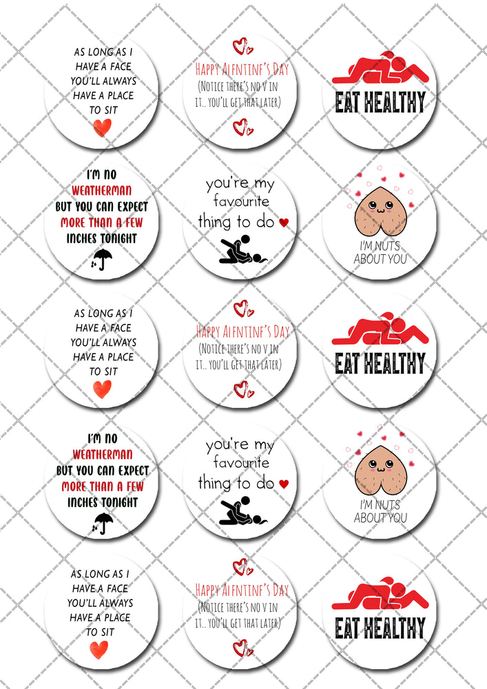 Cheeky Valentine Love Pre-cut Edible Cupcake or Cookie Toppers