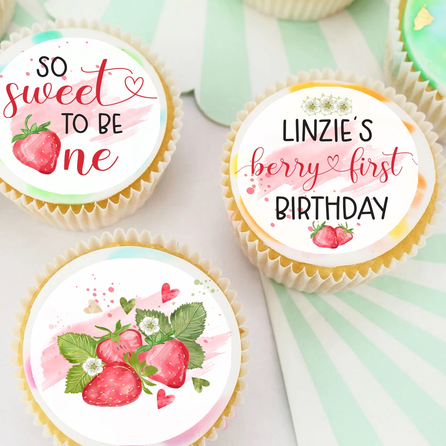 Strawberry 1st Birthday Pre-cut Edible Icing Cupcake or Cookie Toppers