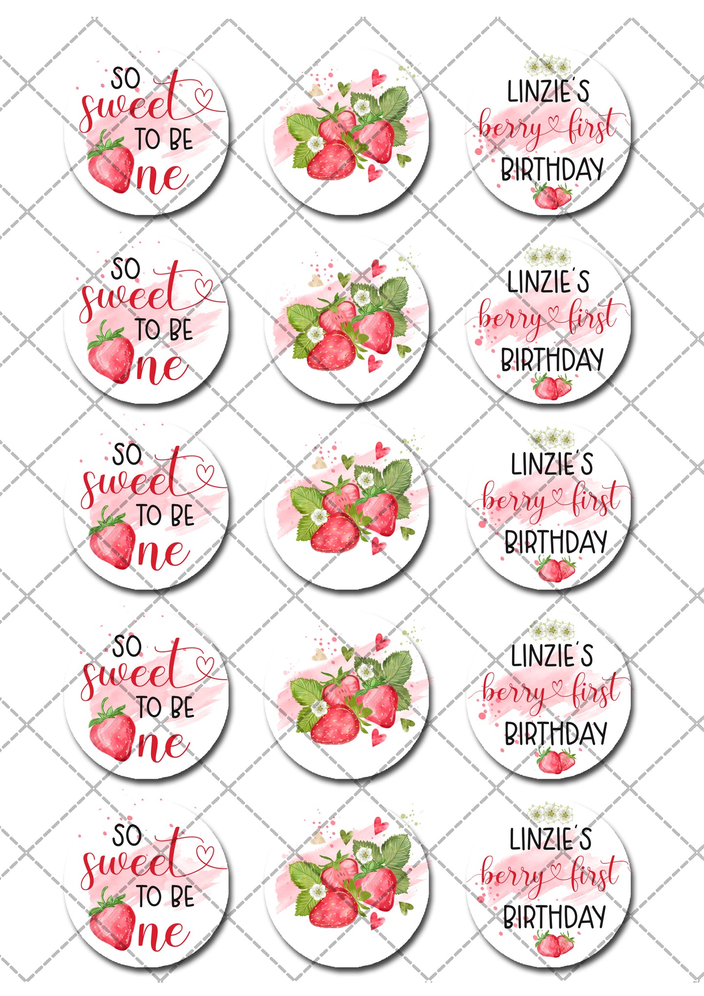 Strawberry 1st Birthday Pre-cut Edible Icing Cupcake or Cookie Toppers