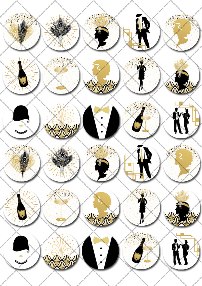 Great Gatsby Pre-cut Mini Edible Cupcake or Cookie Toppers