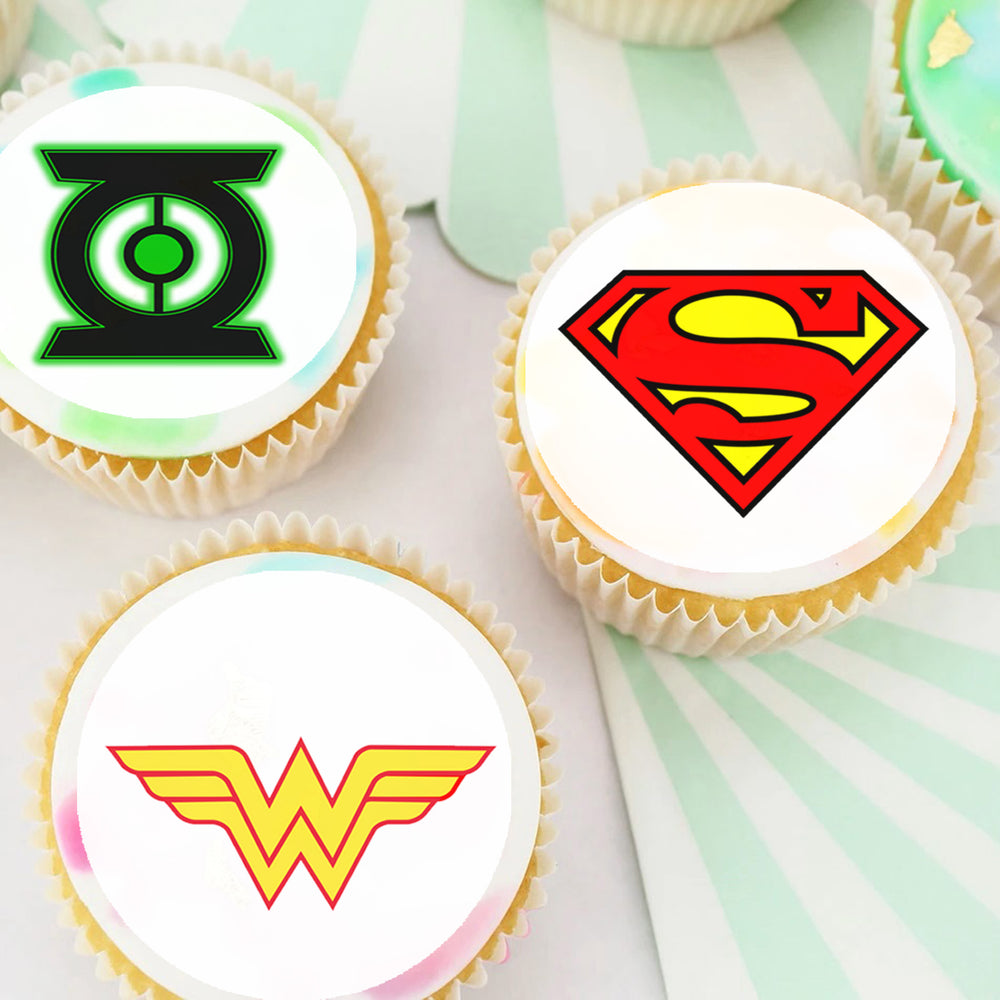 Superhero Logo Pre-cut Edible Icing Cupcake or Cookie Toppers