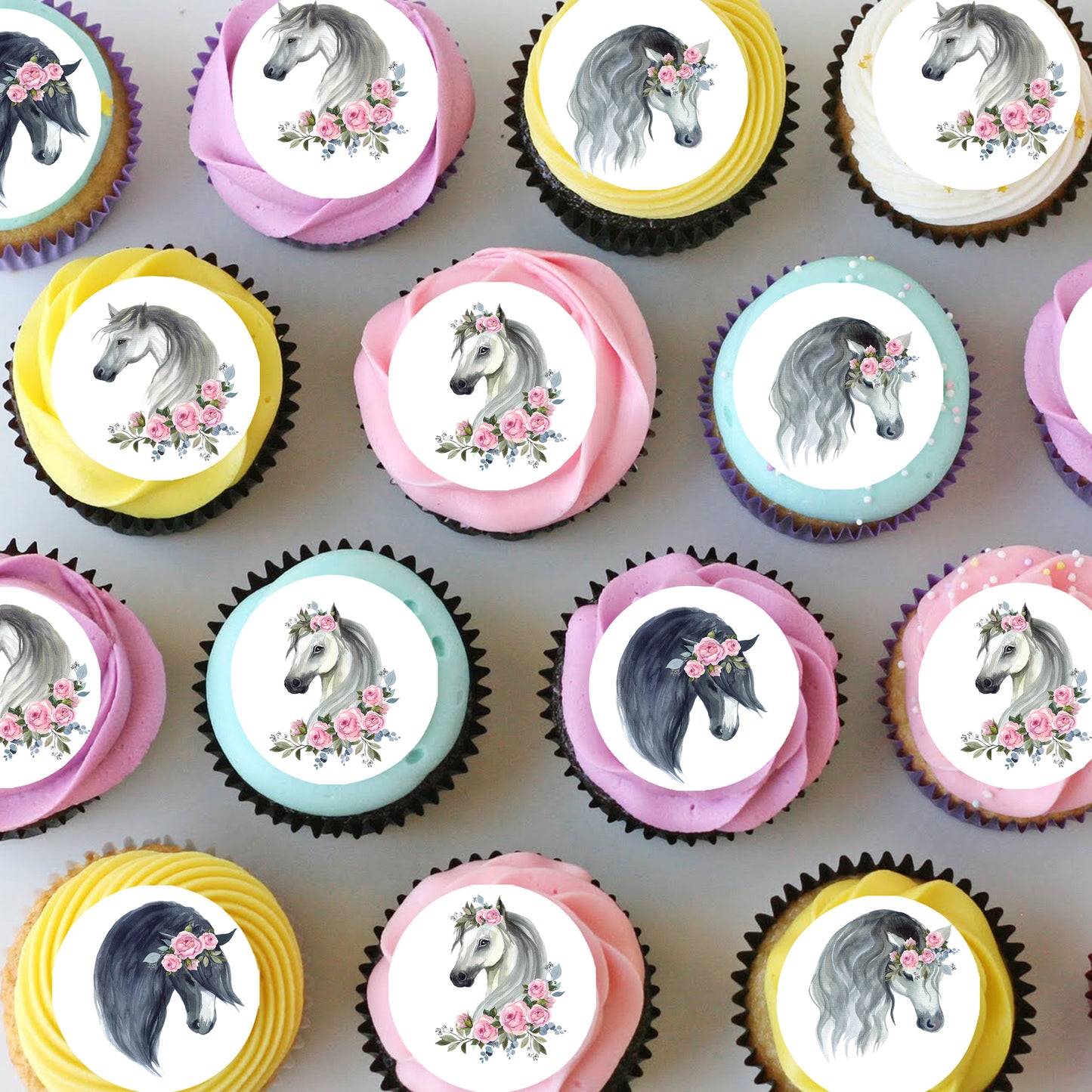 Floral Horse Pre-cut Mini Edible Cupcake or Cookie Toppers