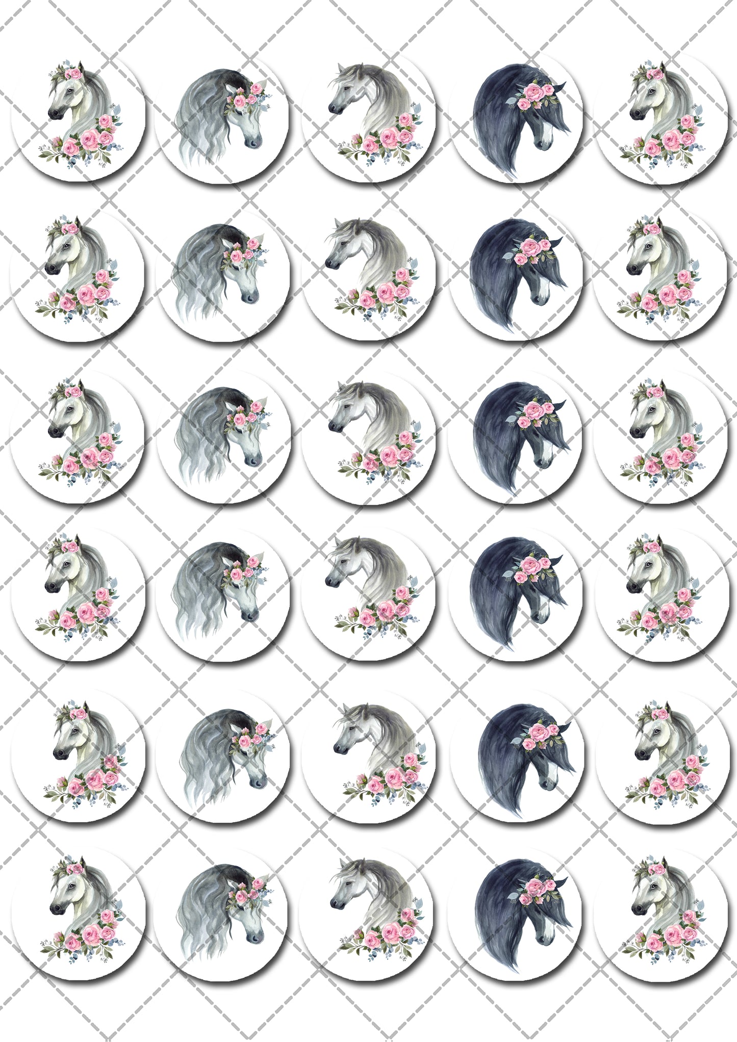 Floral Horse Pre-cut Mini Edible Cupcake or Cookie Toppers