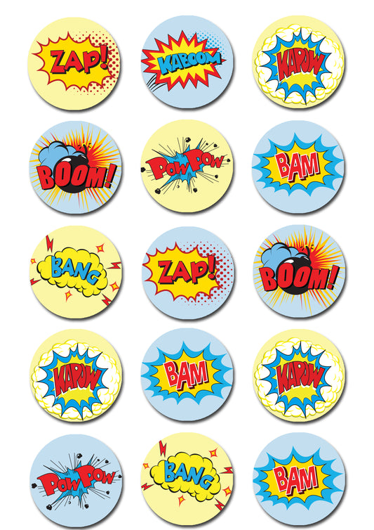 Superhero Burst Words Edible Cupcake Toppers