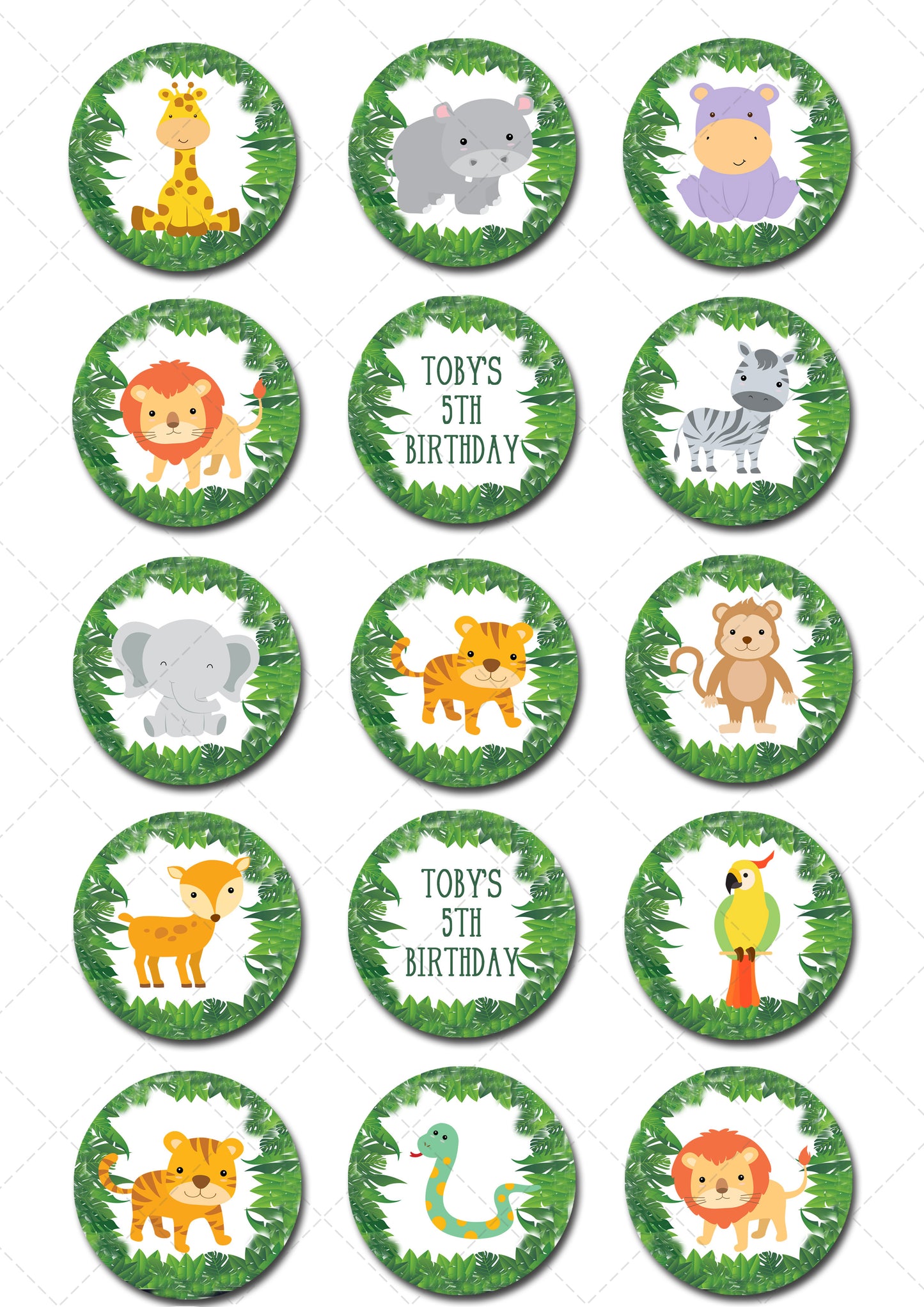 Jungle Animal Safari Pre-cut Edible Icing Cupcake or Cookie Toppers