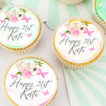 Happy Birthday Floral Butterfly 21st Pre-cut Edible Icing Cupcake or Cookie Toppers