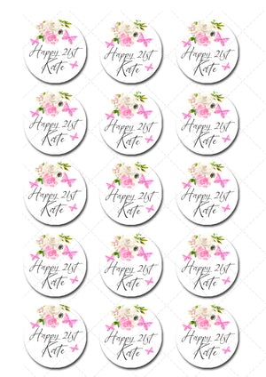 Happy Birthday Floral Butterfly 21st Pre-cut Edible Icing Cupcake or Cookie Toppers