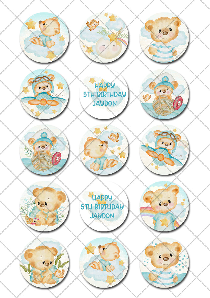 Cute Teddy Bears Pre-cut Edible Icing Cupcake or Cookie Toppers