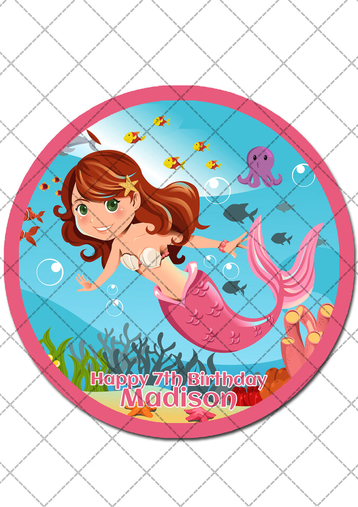 Mermaid Under The Sea Round Edible Cake Topper