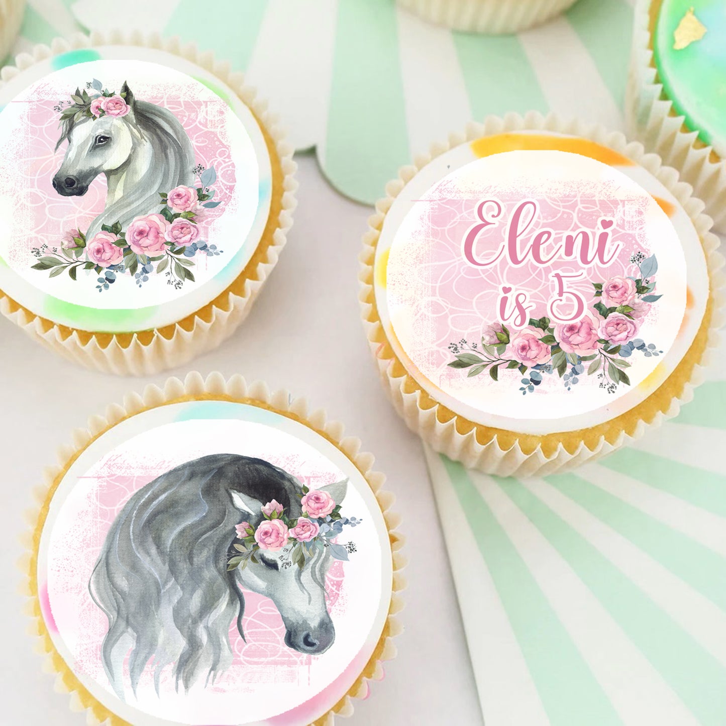 Floral Flower Horse Pre-cut Edible Icing Cupcake or Cookie Toppers