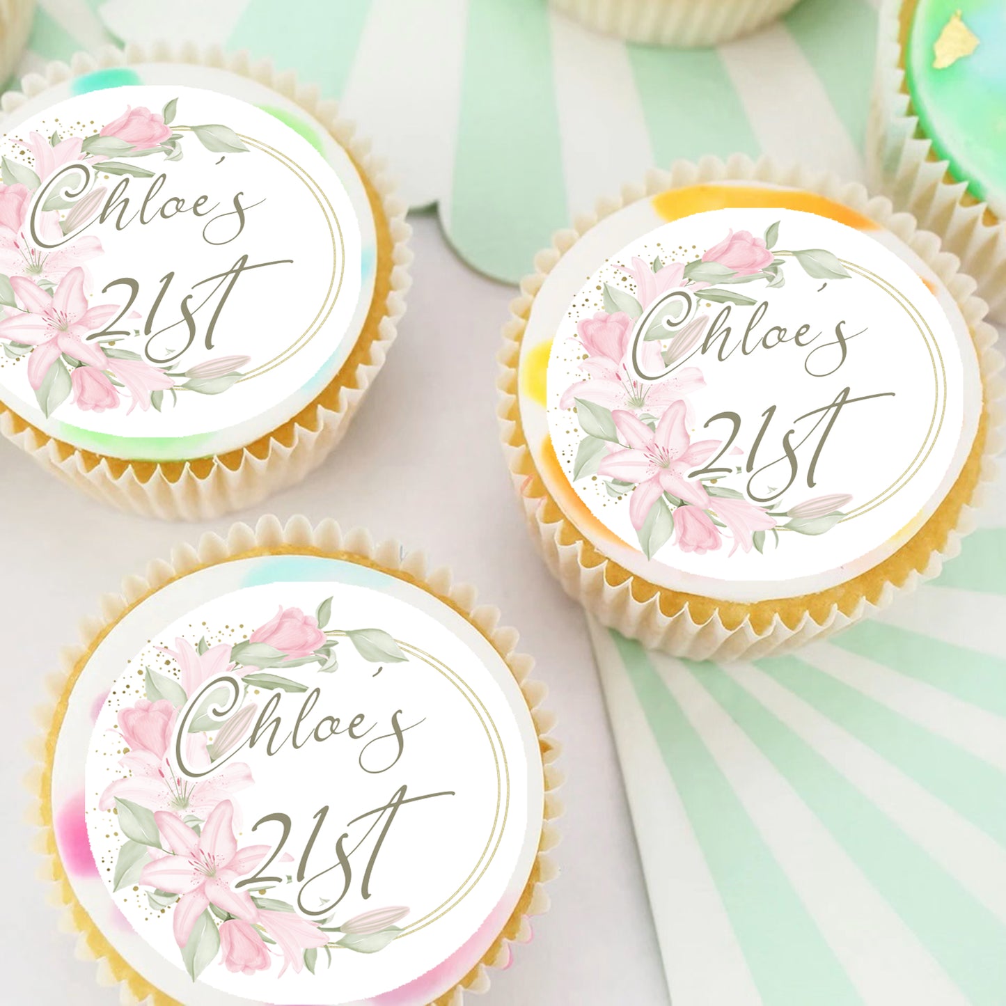 Floral Wreath Birthday Pre-cut Edible Cupcake or Cookie Toppers