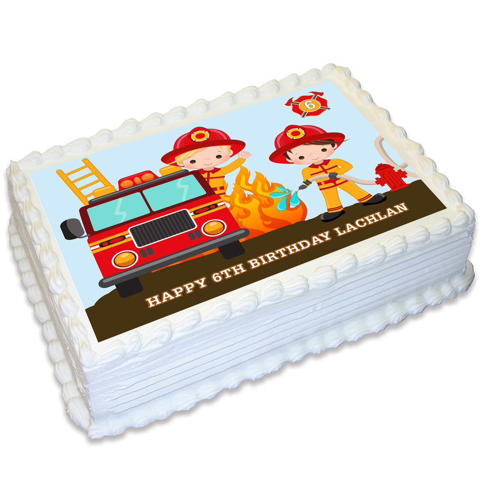 Fireman Firetruck Rectangle Edible Icing Cake Topper