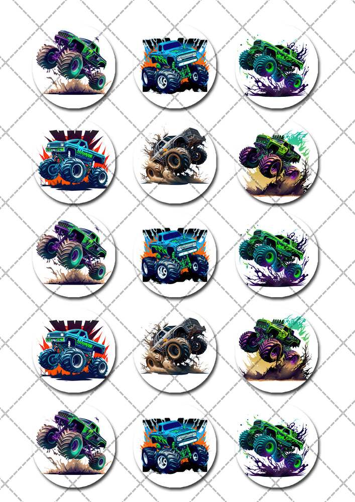 Monster Trucks Pre-cut Edible Cupcake or Cookie Toppers